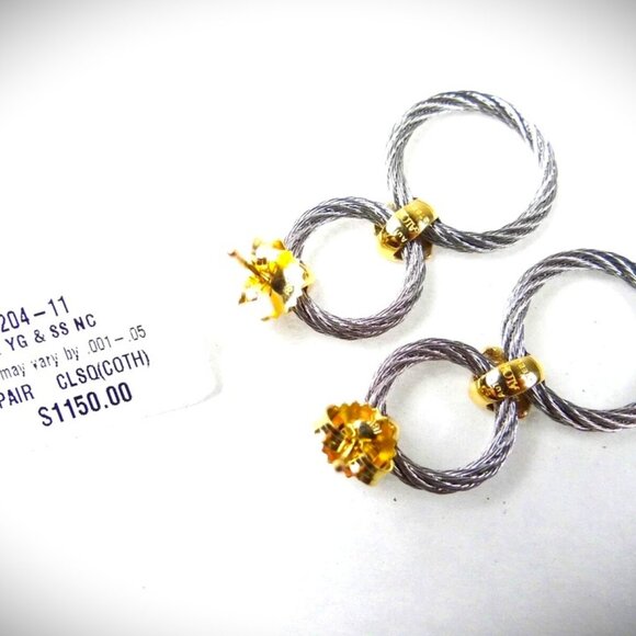 ALOR 18K Gold Stainless Steel Classique Diamond Pave Double Hoop Drop Earrings - Picture 6 of 10